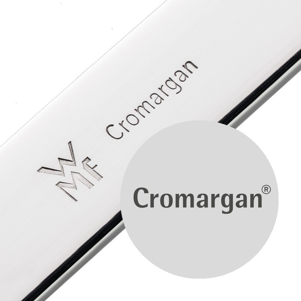 Paslanmaz çelik üzerinde WMF Cromargan logosu ve yazısı.