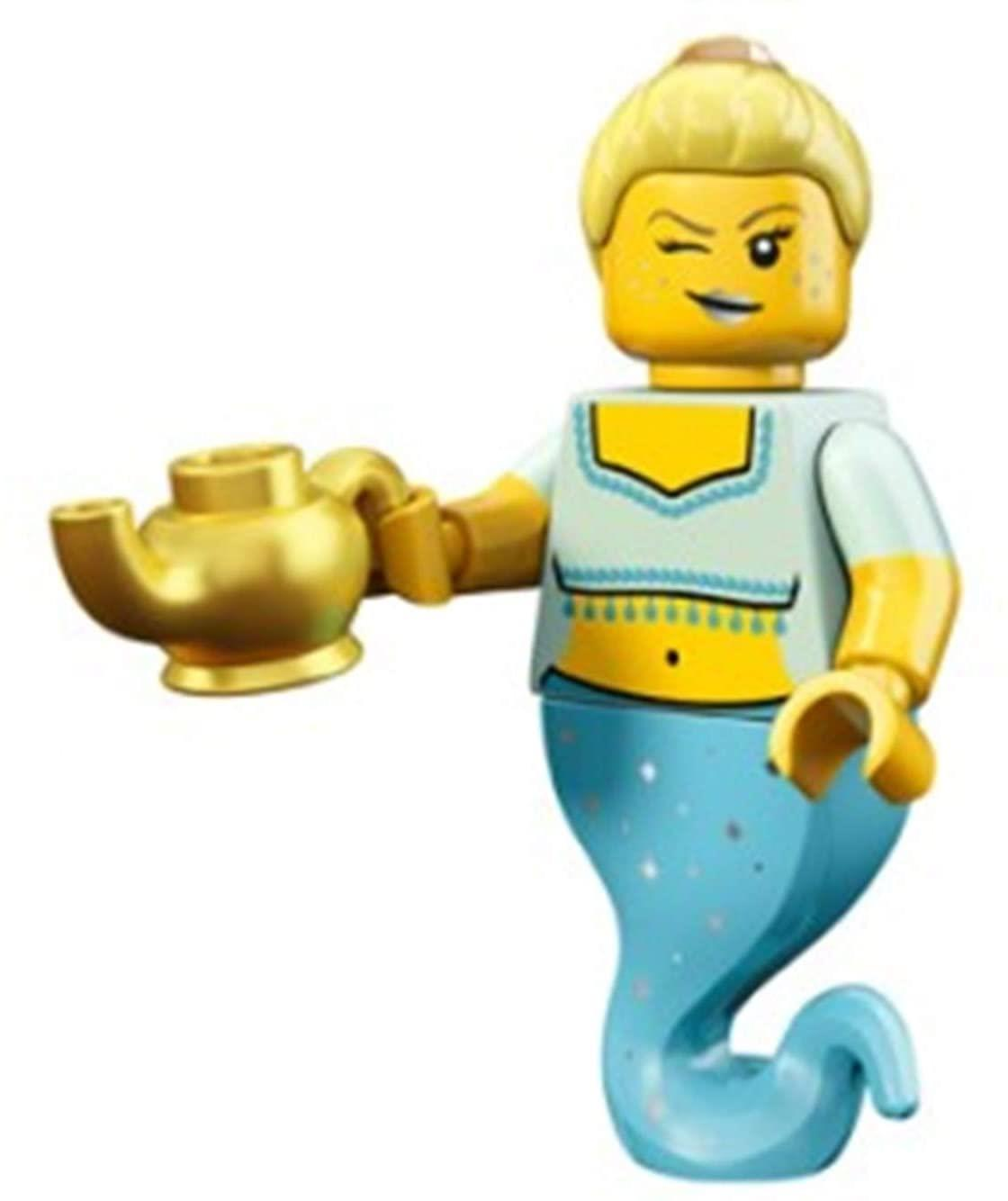 Alt kısmı mavi ve parıltılı, altın lamba aksesuarı tutan bir Lego figürü.