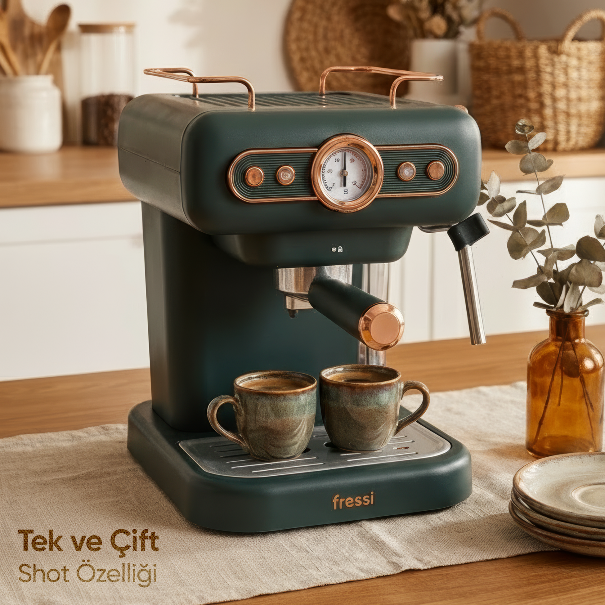 Bakır detaylı, koyu yeşil espresso makinesi, iki fincan ve cam vazo.