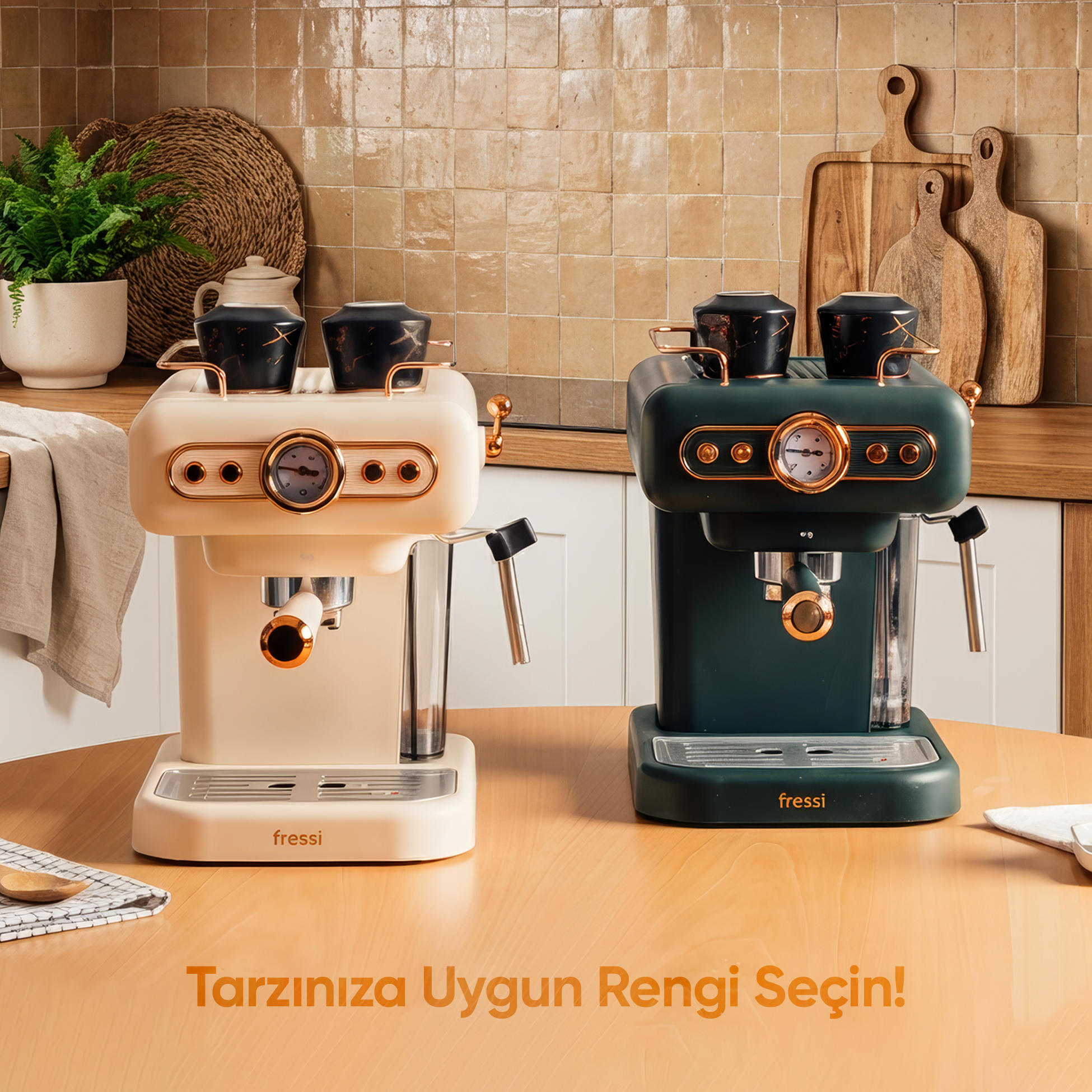 Ahşap bir masada iki espresso makinesi, biri bej, diğeri yeşil.