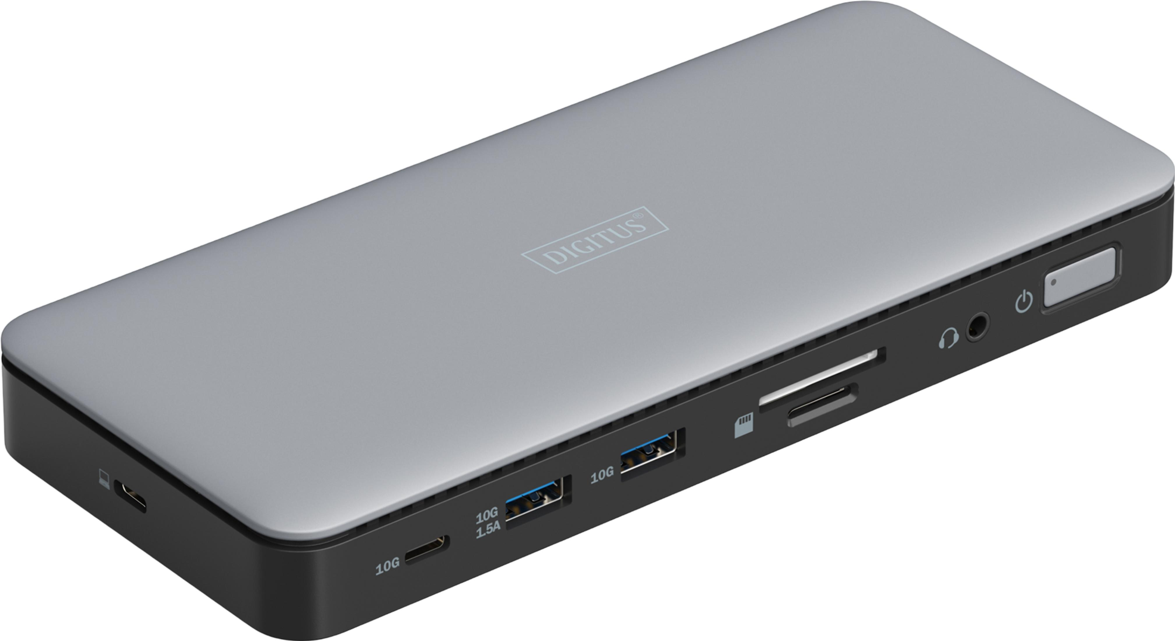 Grauer Digitizer-Dock mit schwarzen Seiten, mehreren Anschlüssen und einem Knopf.