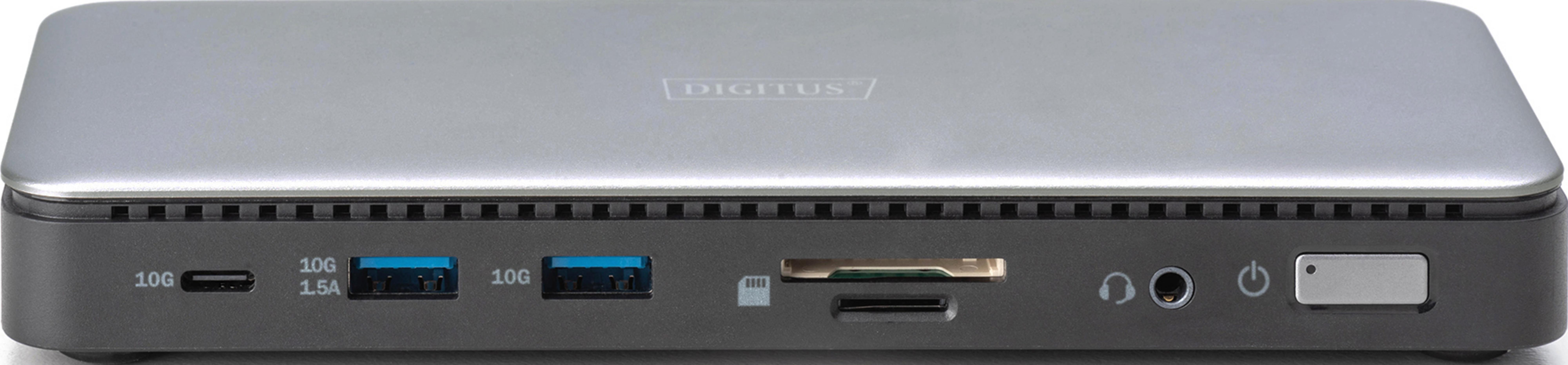 Graues Digitale-Hub mit Anschlüssen: USB-C, USB-A, Kartenleser, Kopfhörer, Power-Taste.