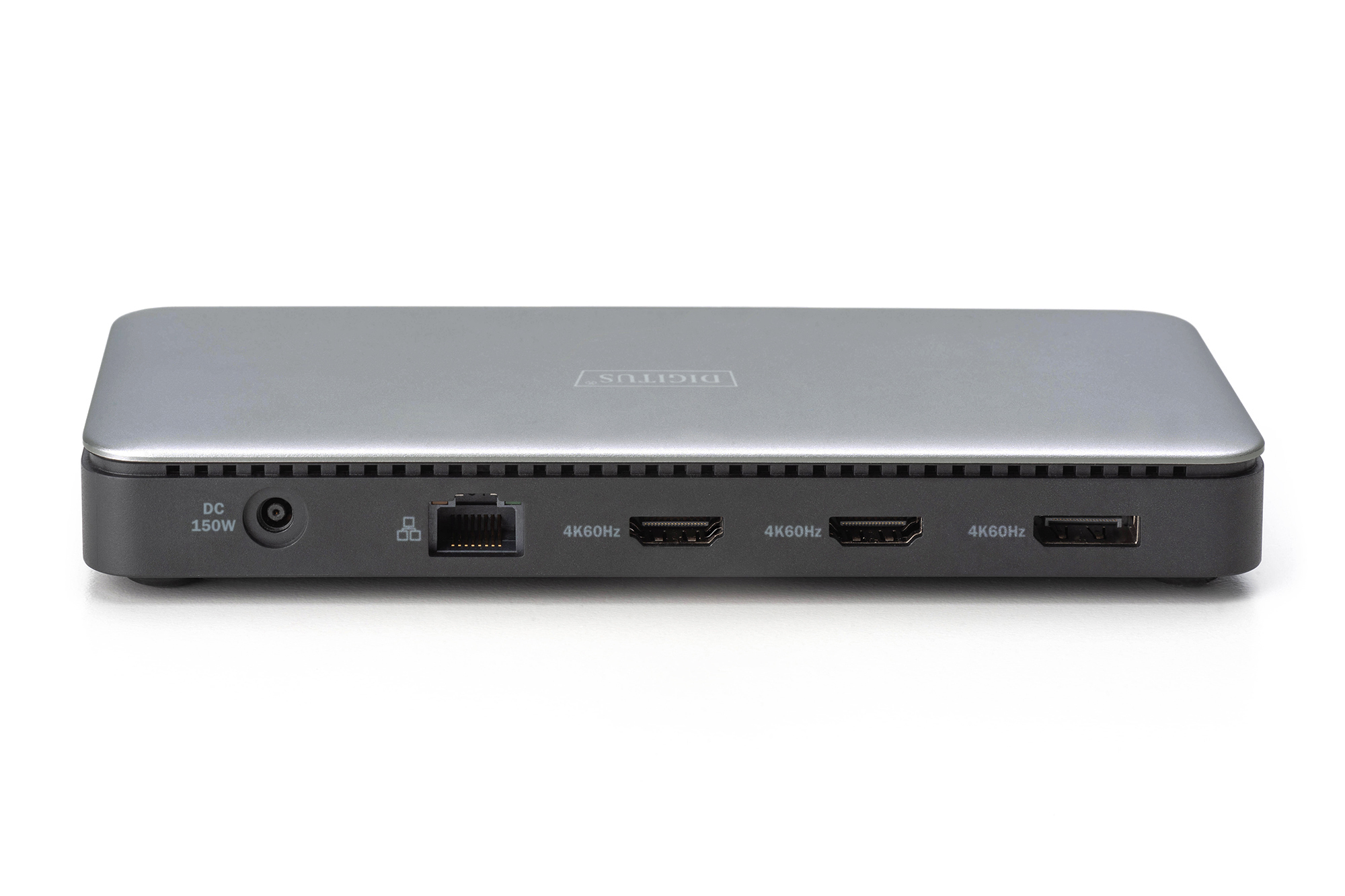 Graues Dock mit Anschlüssen: DC 150W, LAN, 2x HDMI 4K60Hz, 2x USB-A.