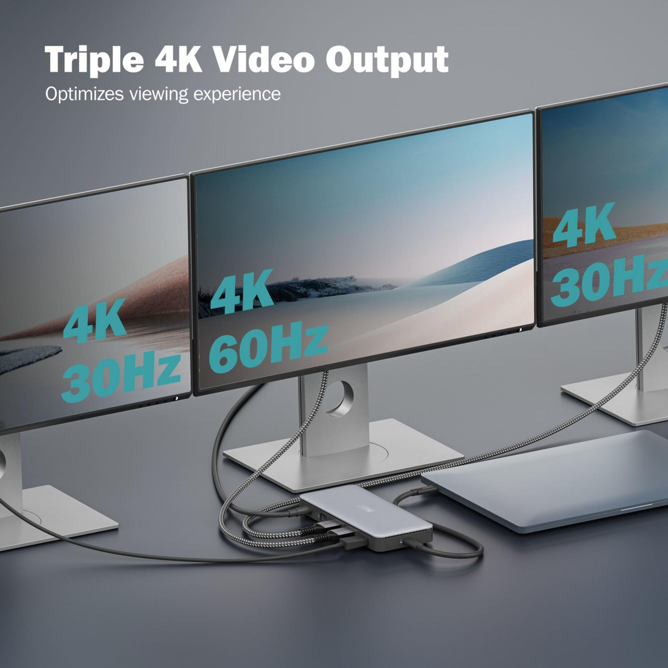 Drei 4K-Monitore mit einem Hub und Laptop, die Inhalte anzeigen.
