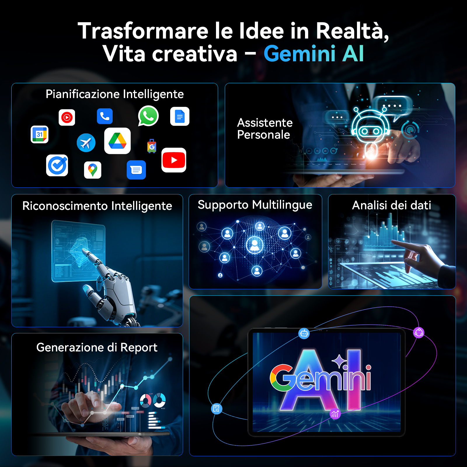 Grafica AI con varie icone per pianificazione intelligente, assistente personale e analisi dati.