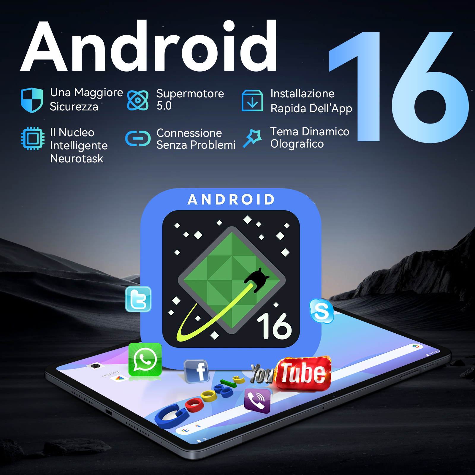 Icona Android 16 su tablet con icone app su sfondo scuro.
