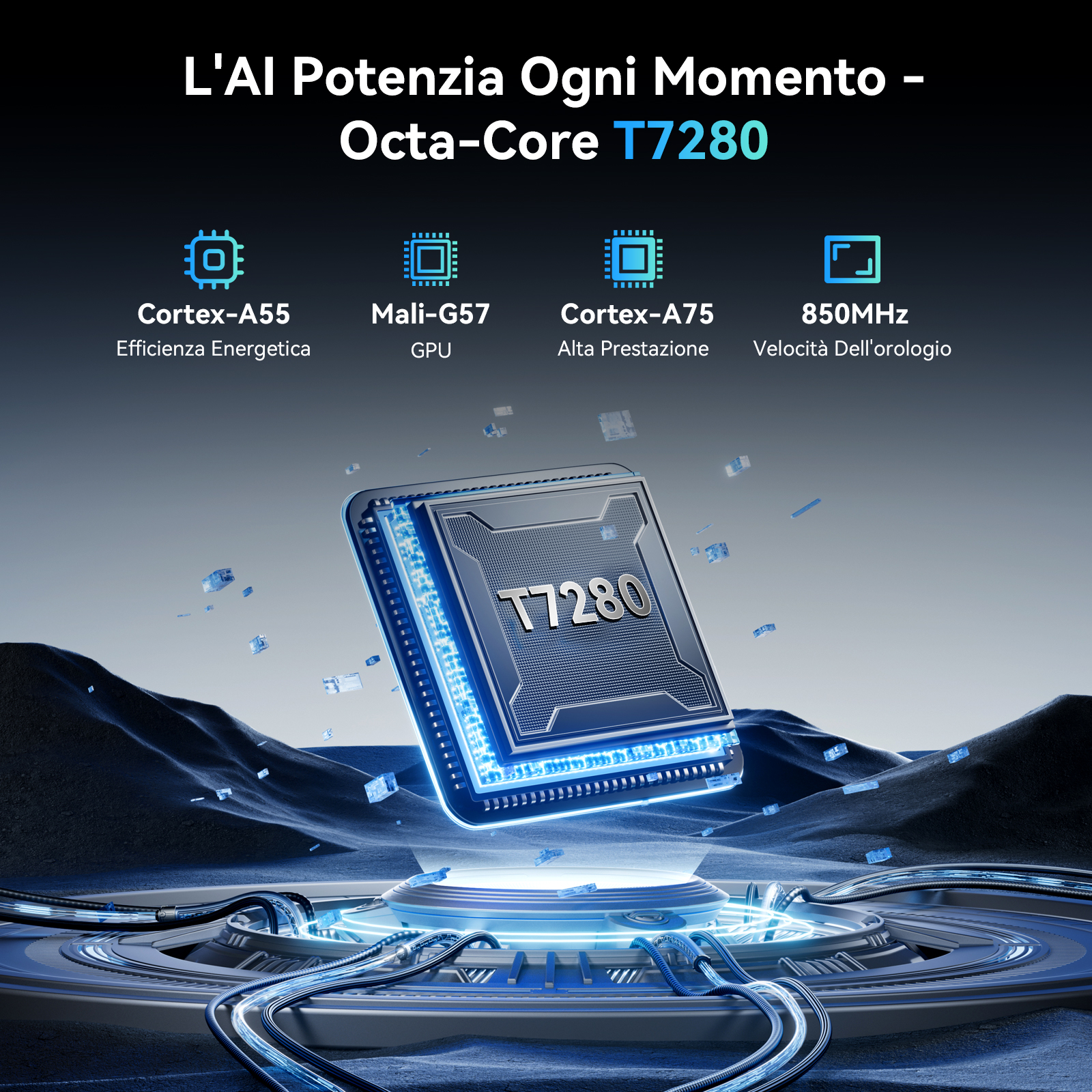 Un processore con logo T7280 fluttua sopra una base futuristica con cavi.