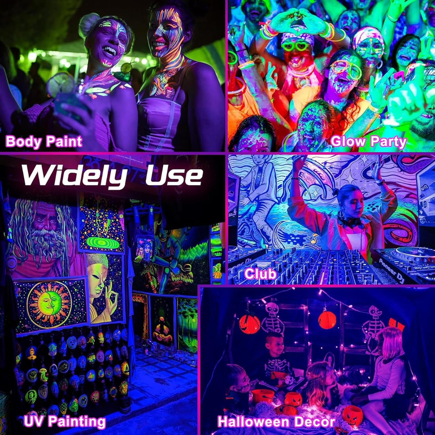 Collage zeigt Körperbemalung, Glow Party, UV-Malerei, Club-DJ und Halloween-Deko.