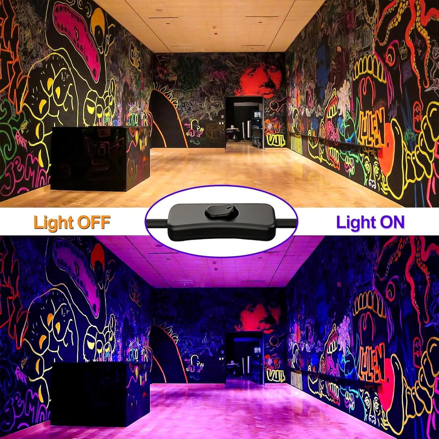 Schwarzlicht-Raum mit Graffiti-Wandmalereien, beleuchtet und unbeleuchtet.
