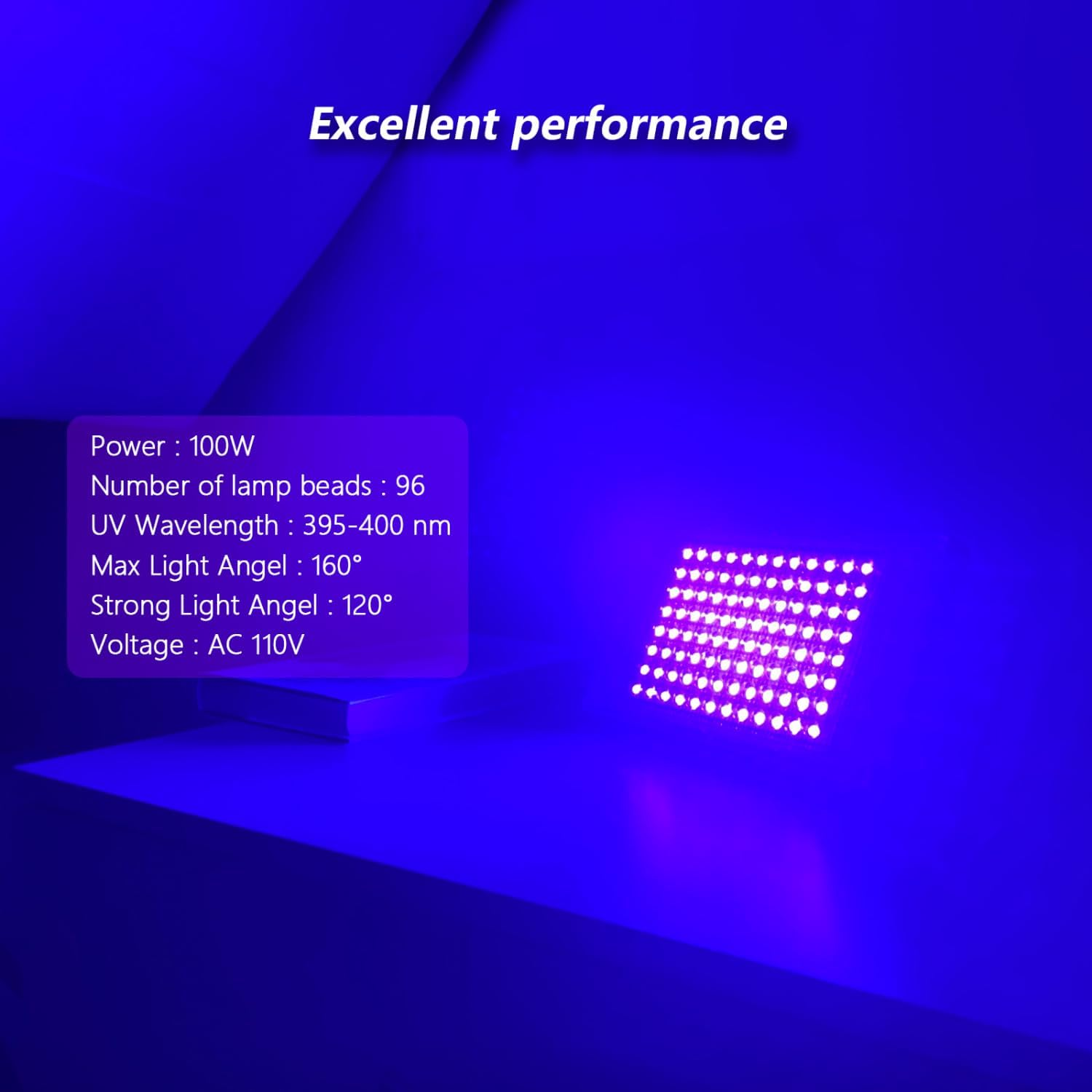Ein 100W UV-Licht mit 96 LEDs leuchtet blau.