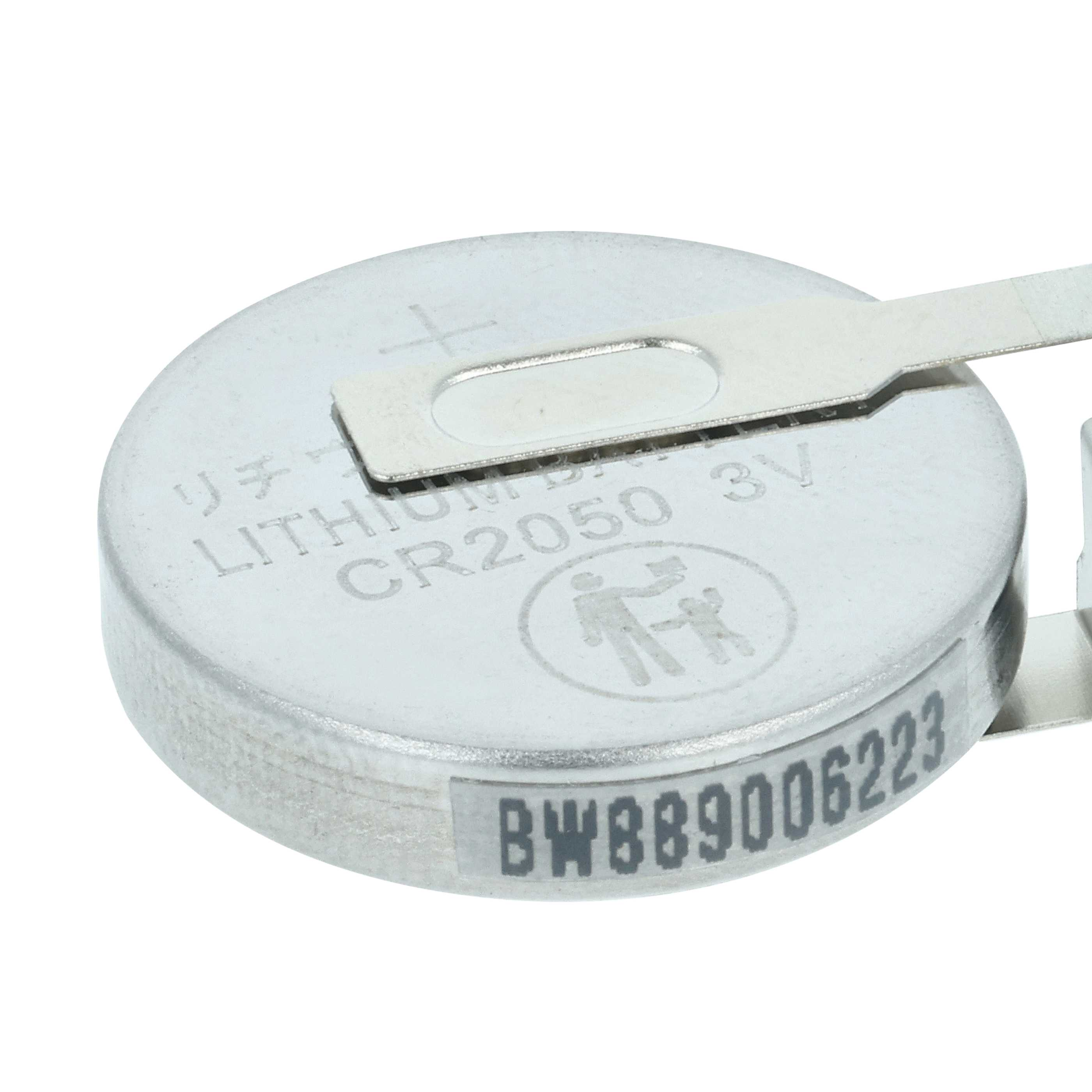 Eine silberne CR2050 3V Lithiumbatterie mit angebrachtem Metallkontakt.