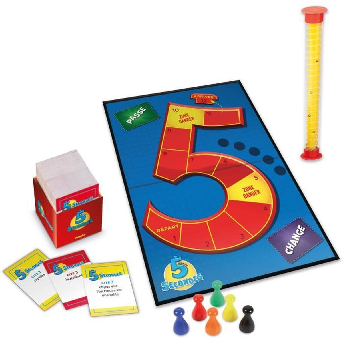 Spielbrett mit Karten, Spielfiguren und Zeitmesser für ein Brettspiel.