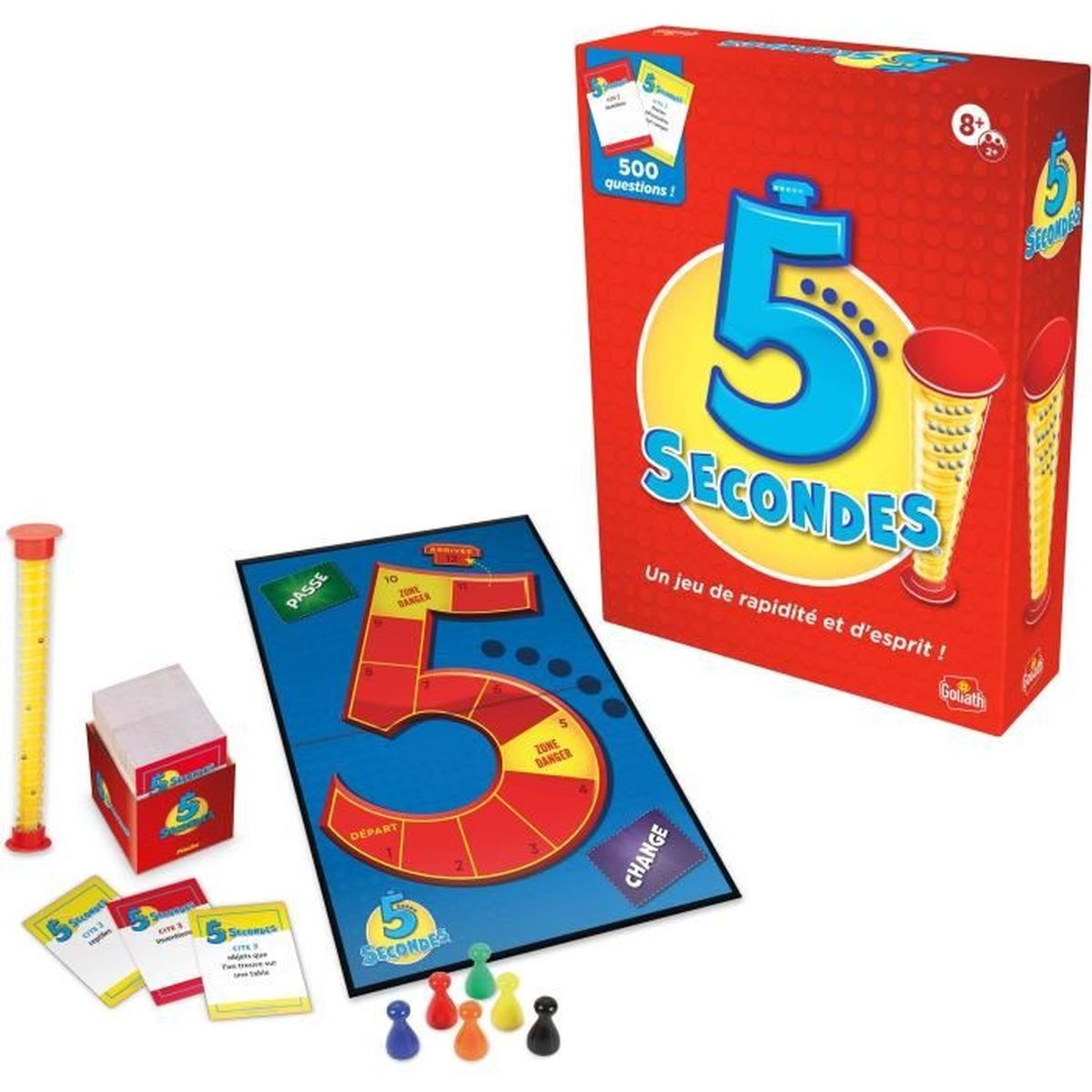 Das Spielbrett '5 Sekunden', Spielkarten, ein Timer und Spielfiguren liegen auf weißem Grund.