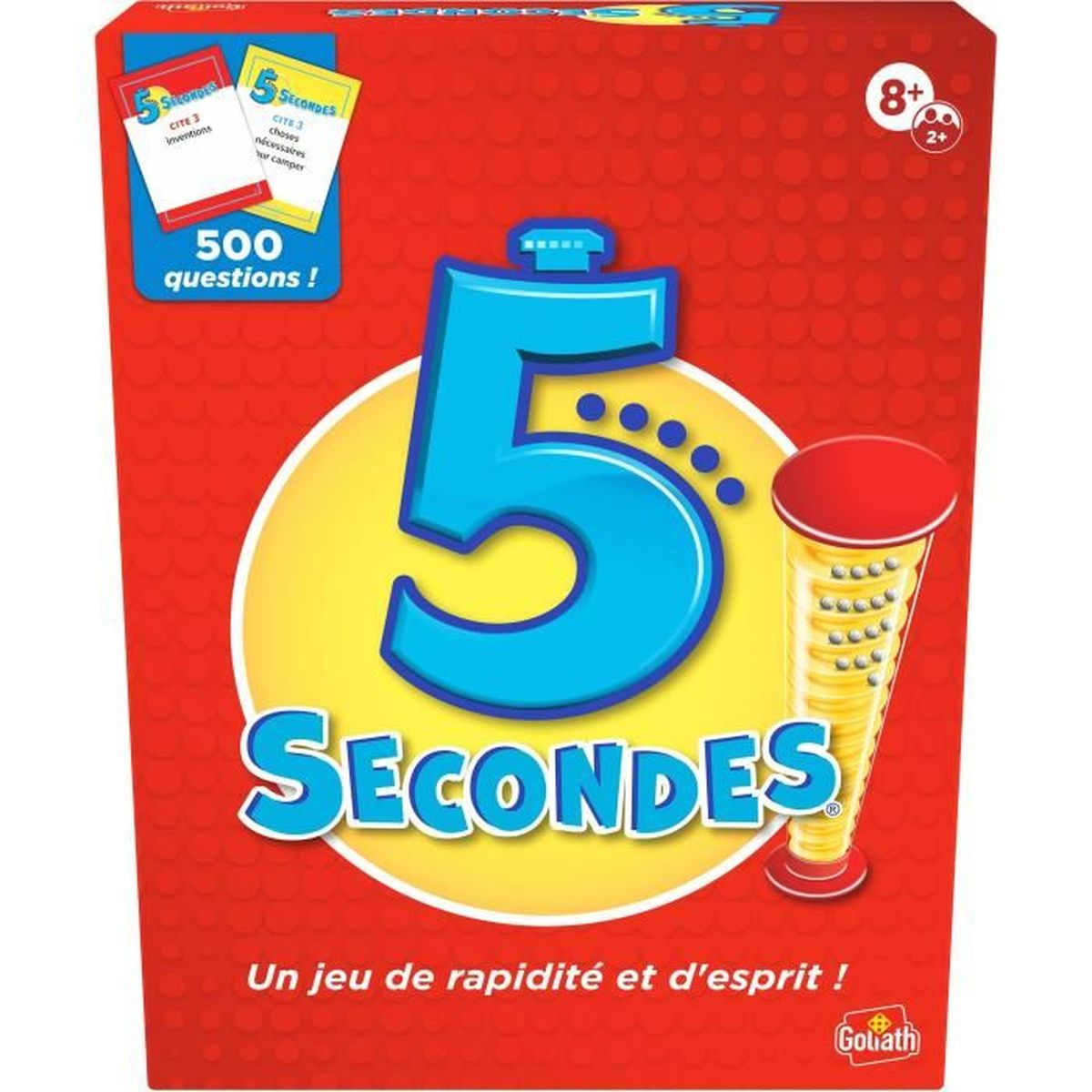 Spiel "5 Sekunden", rot mit "5 Sekunden" Schriftzug und Spieluhr.
