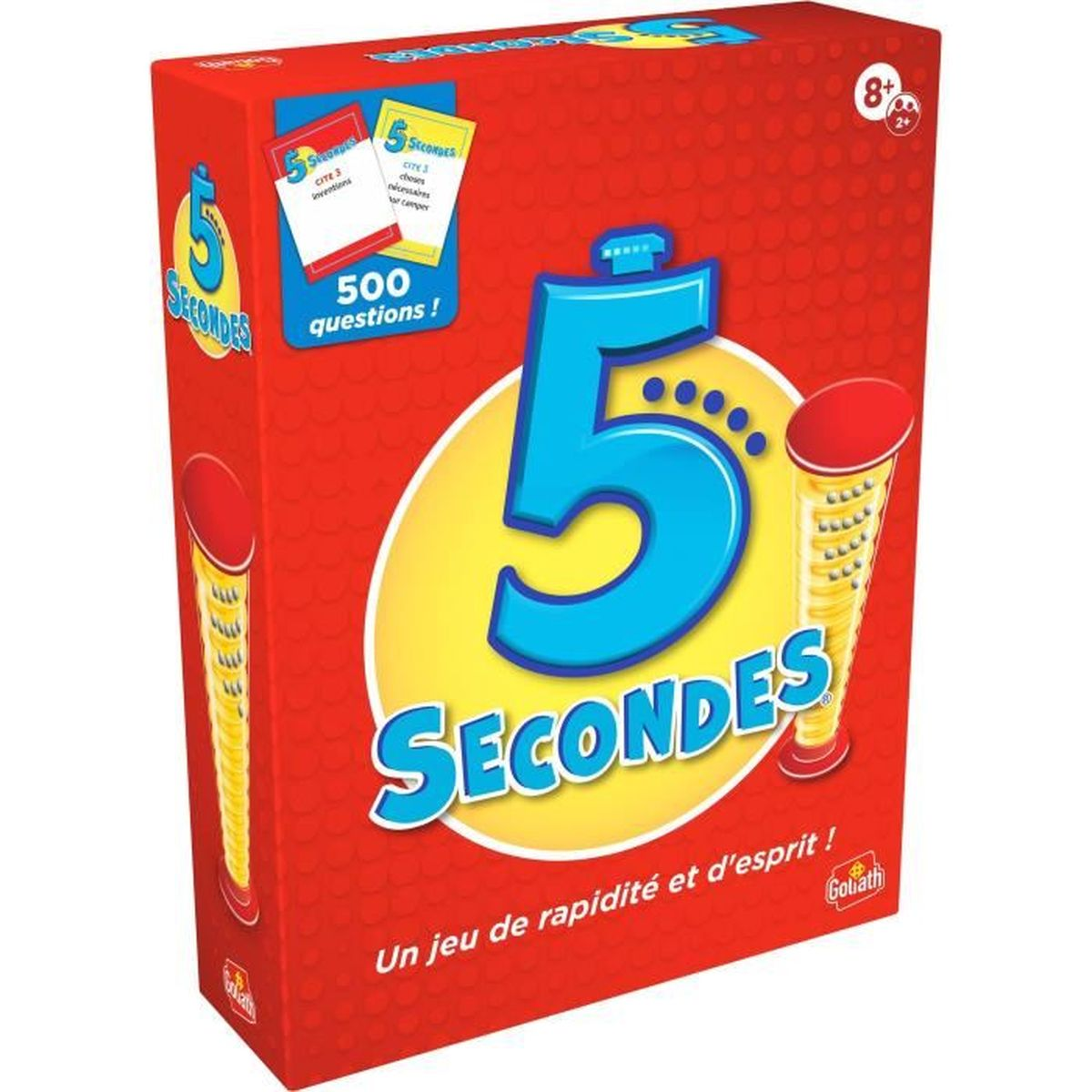 Die Spielschachtel zeigt das Spiel "5 Sekunden". Es ist rot mit gelben und blauen Akzenten.