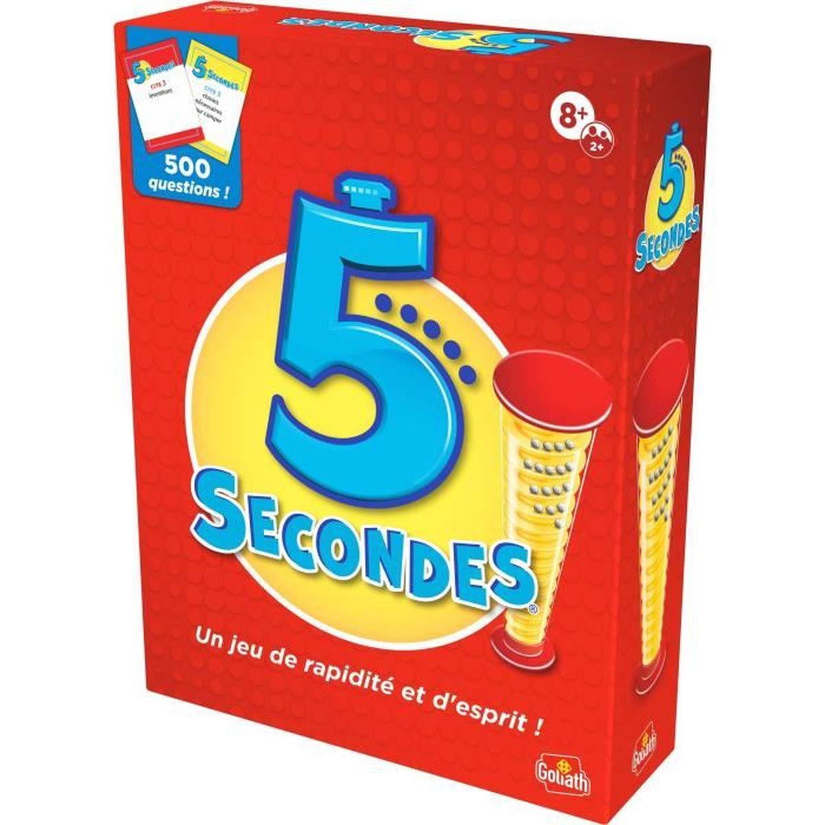 Spiel "5 Sekunden". Rote Schachtel mit blauem "5"-Logo. Enthält Karten und Timer.