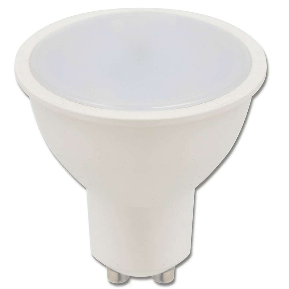 Eine weiße GU10 LED-Lampe mit einem breiten, diffusen Kopf und zwei Pins.