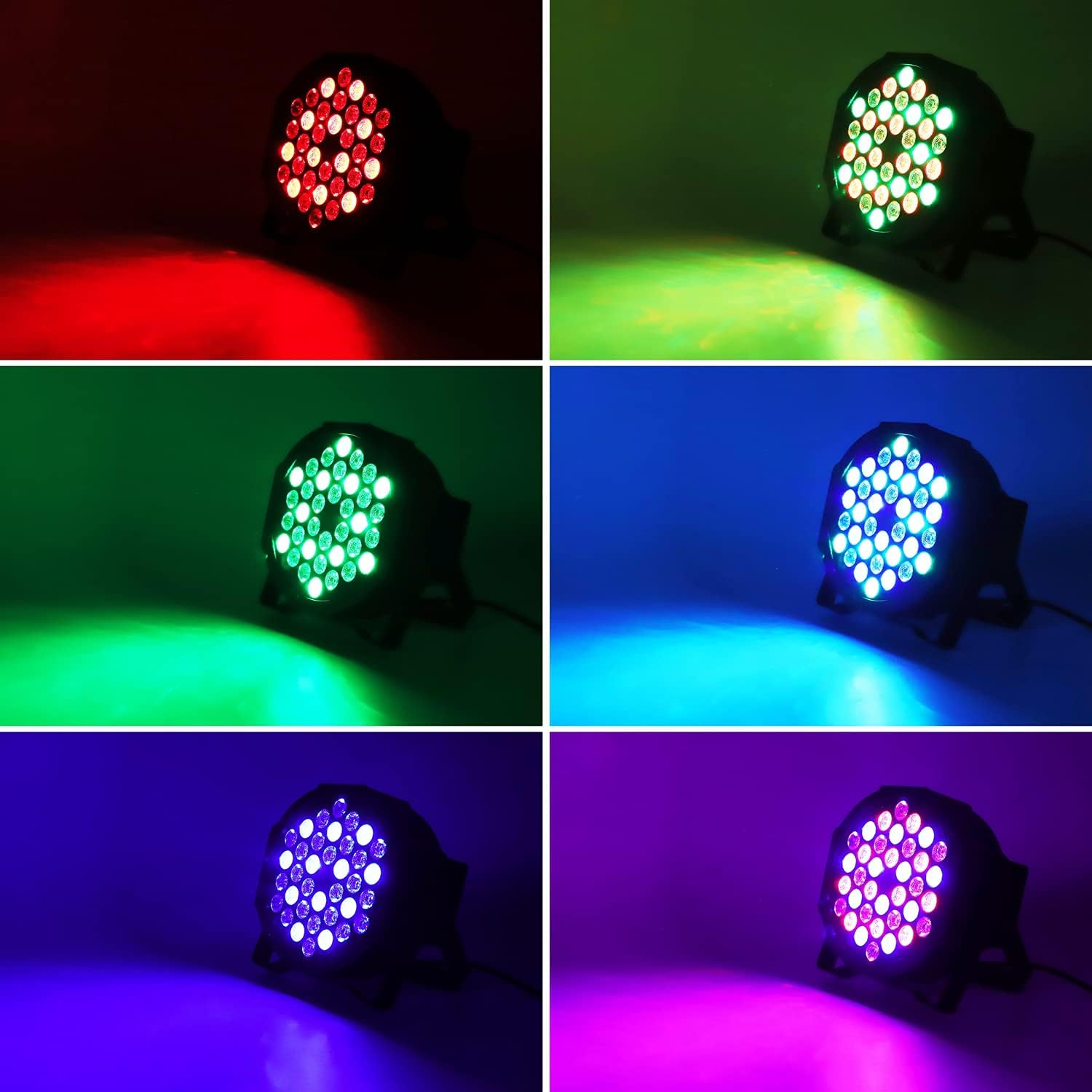 Sechs Bühnenlichter leuchten in Rot, Grün und Blau auf dunklem Hintergrund.