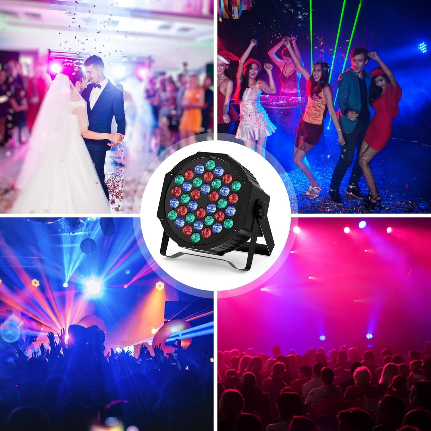 Collage aus vier Party-Szenen: Hochzeit, tanzende Menschen, Konzertpublikum, Bühnenbeleuchtung.