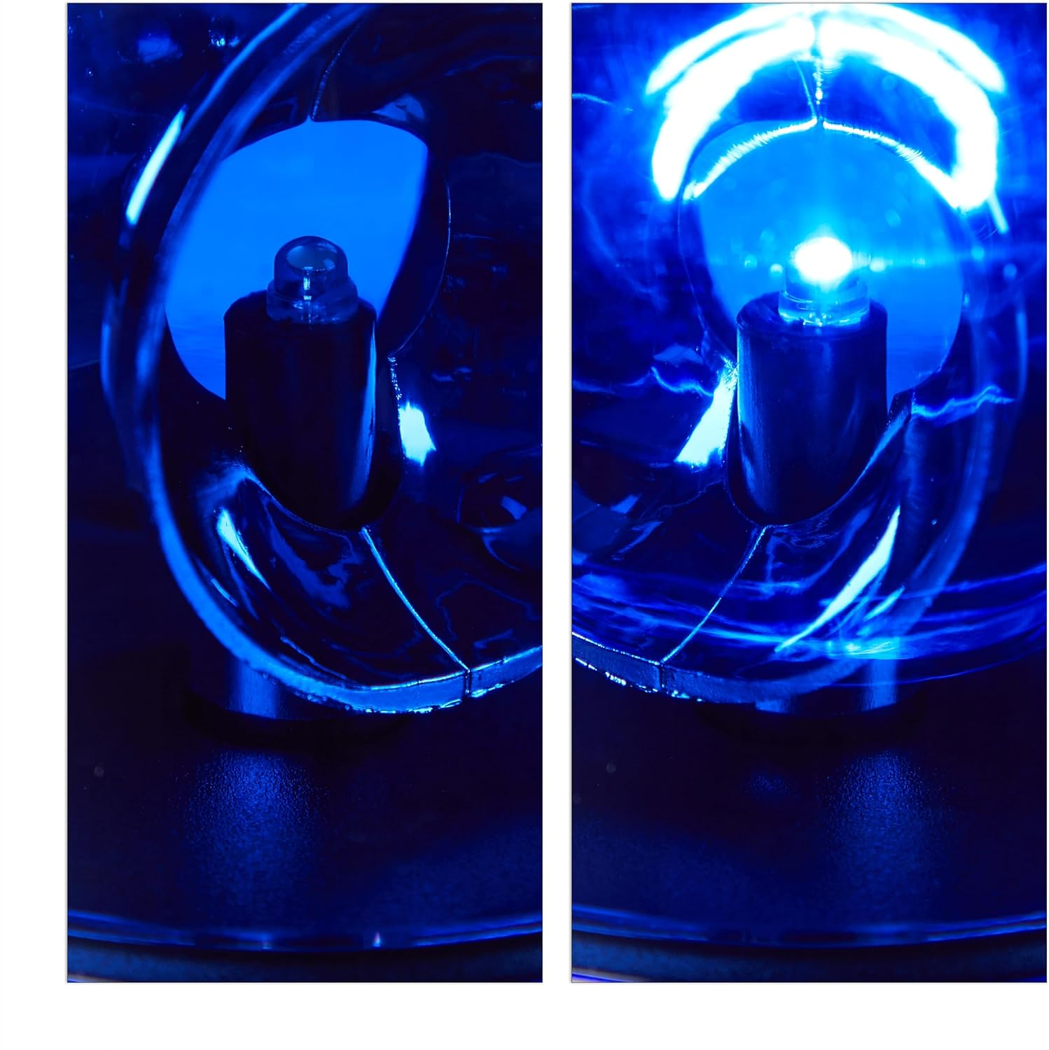 Nahaufnahme einer blauen Glühbirne in einem glänzenden, reflektierenden Gehäuse.