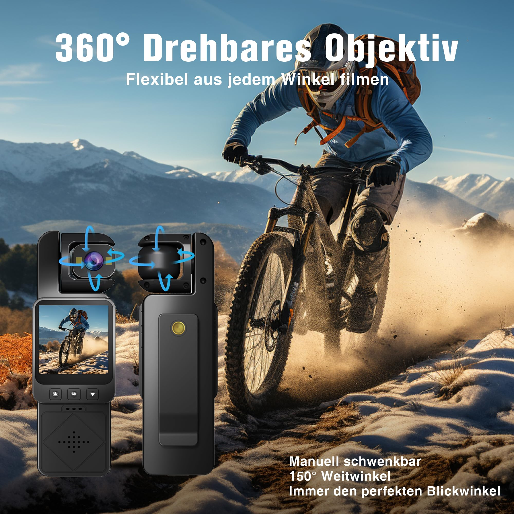 Ein Mountainbiker fährt auf einem staubigen Pfad, eine Kamera ist im Vordergrund.