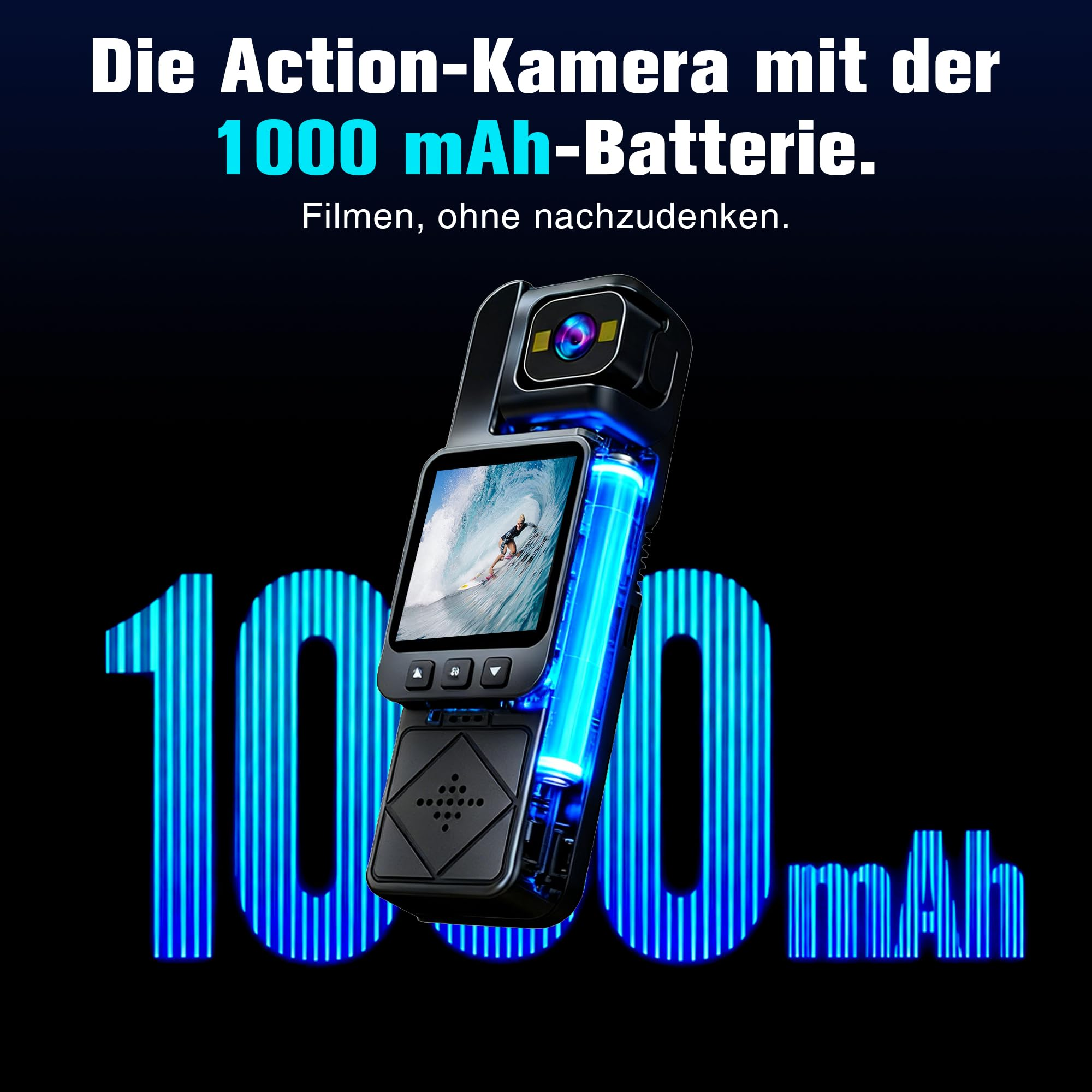Action-Kamera mit 1000 mAh-Batterie und Surfer auf dem Bildschirm.