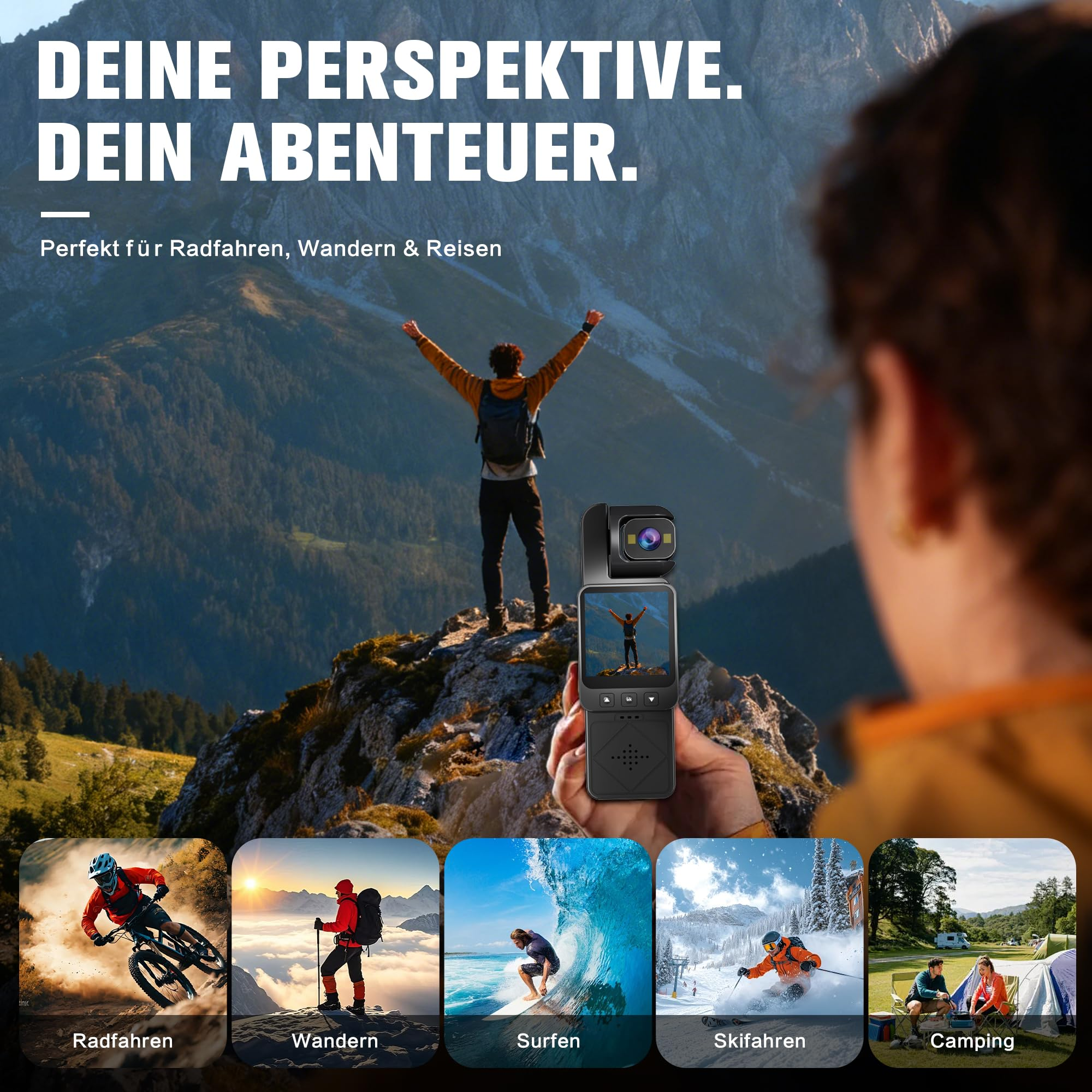 Eine Person filmt mit einer Kamera in den Bergen, unten Ansichten von Radfahren, Wandern, Surfen, Skifahren, Camping.