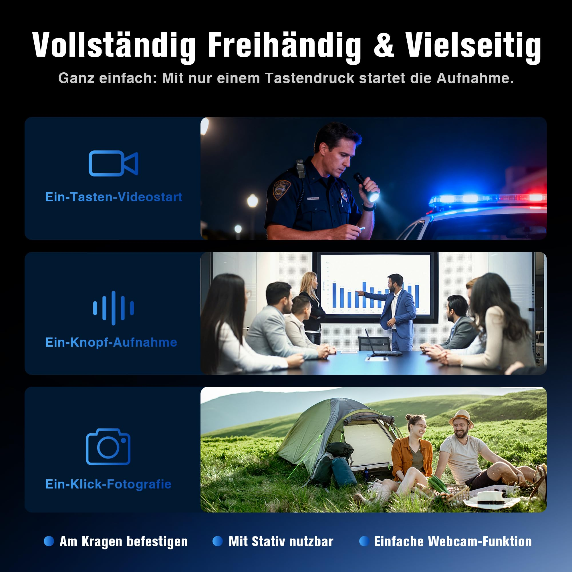 Drei Szenen: Polizist mit Taschenlampe, Meeting, Paar beim Camping.