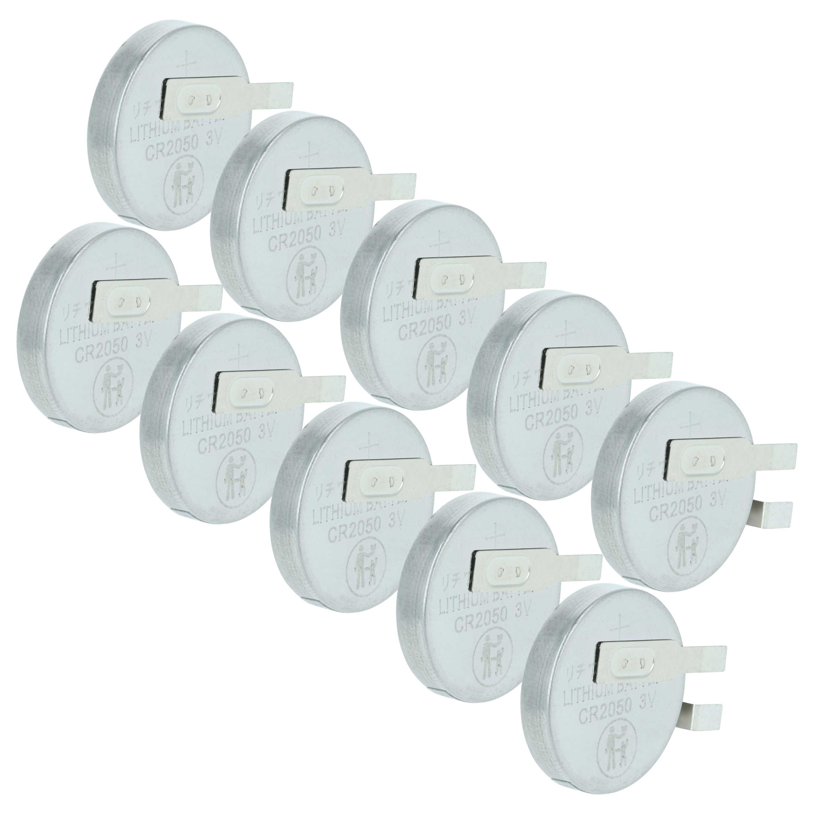 Zehn silberne Lithium-Knopfzellenbatterien CR2050 3V mit Lötösen.