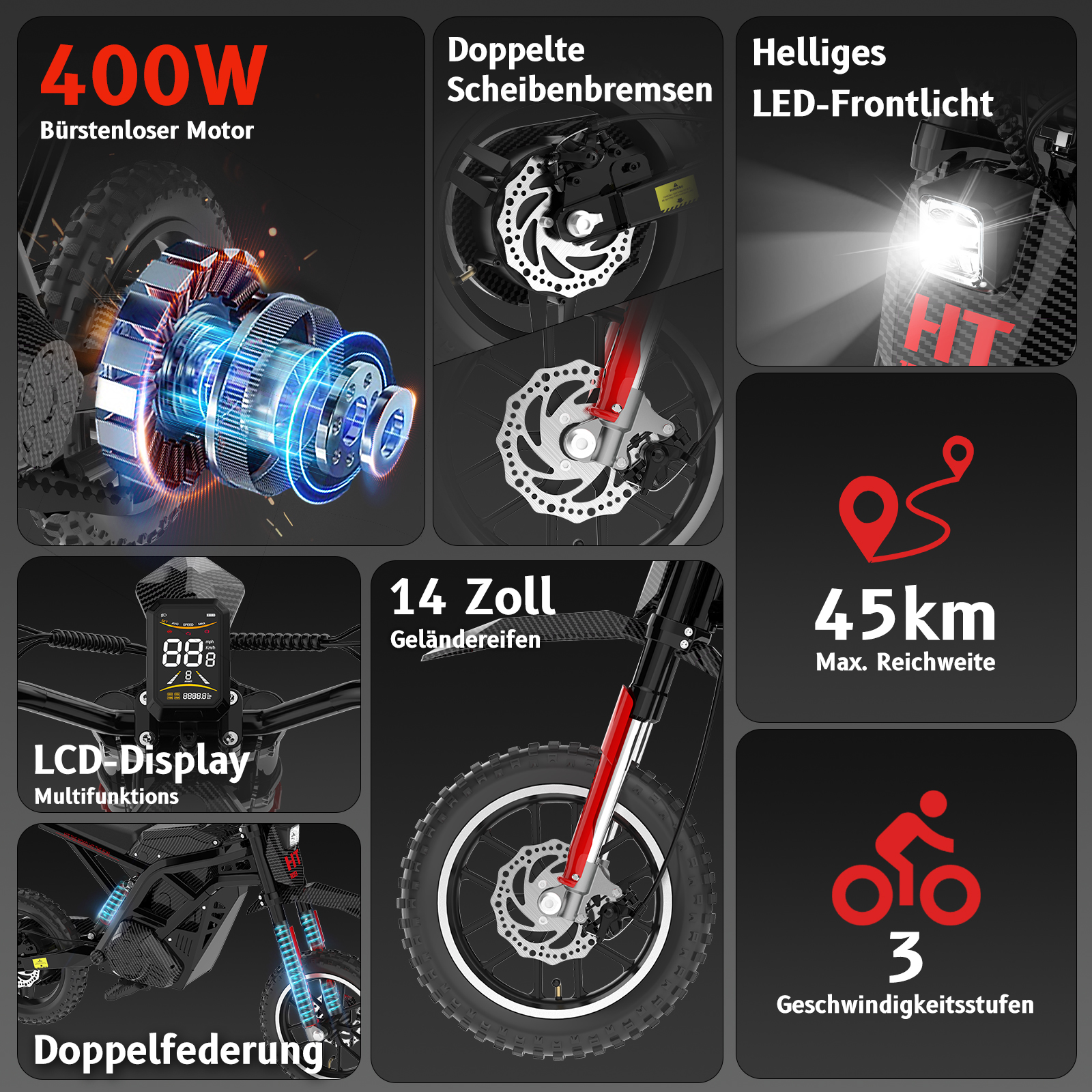 Caratteristiche e-bike: motore 400W, doppio freno a disco, luce LED, display LCD, pneumatici da 14 pollici.