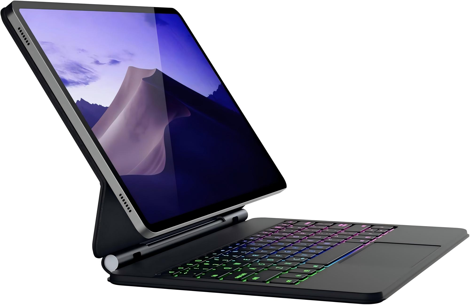 Ein schwarzes Tablet mit beleuchteter Tastatur und Hintergrundbeleuchtung vor weißem Hintergrund.