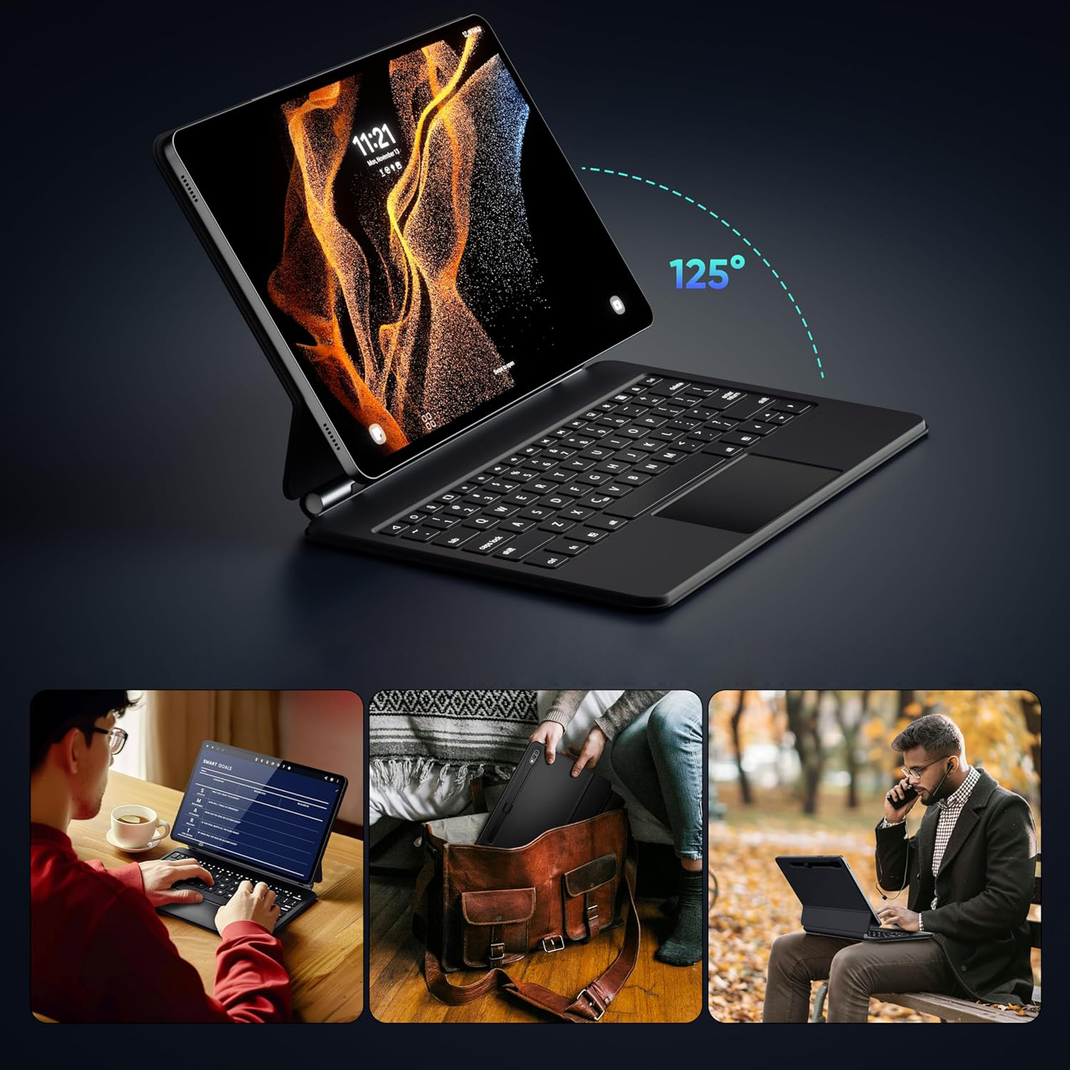 Ein Tablet mit Tastatur, ein Mann tippt, eine Tasche, ein Mann telefoniert.