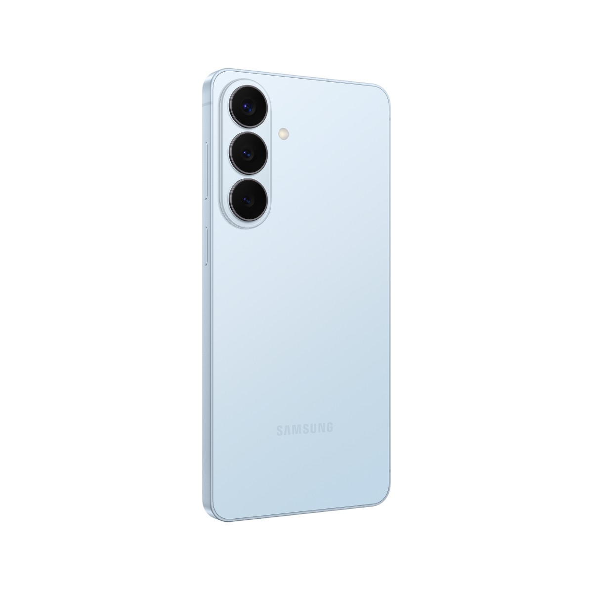 Jasnoniebieski smartfon Samsung z trzema aparatami z tyłu.