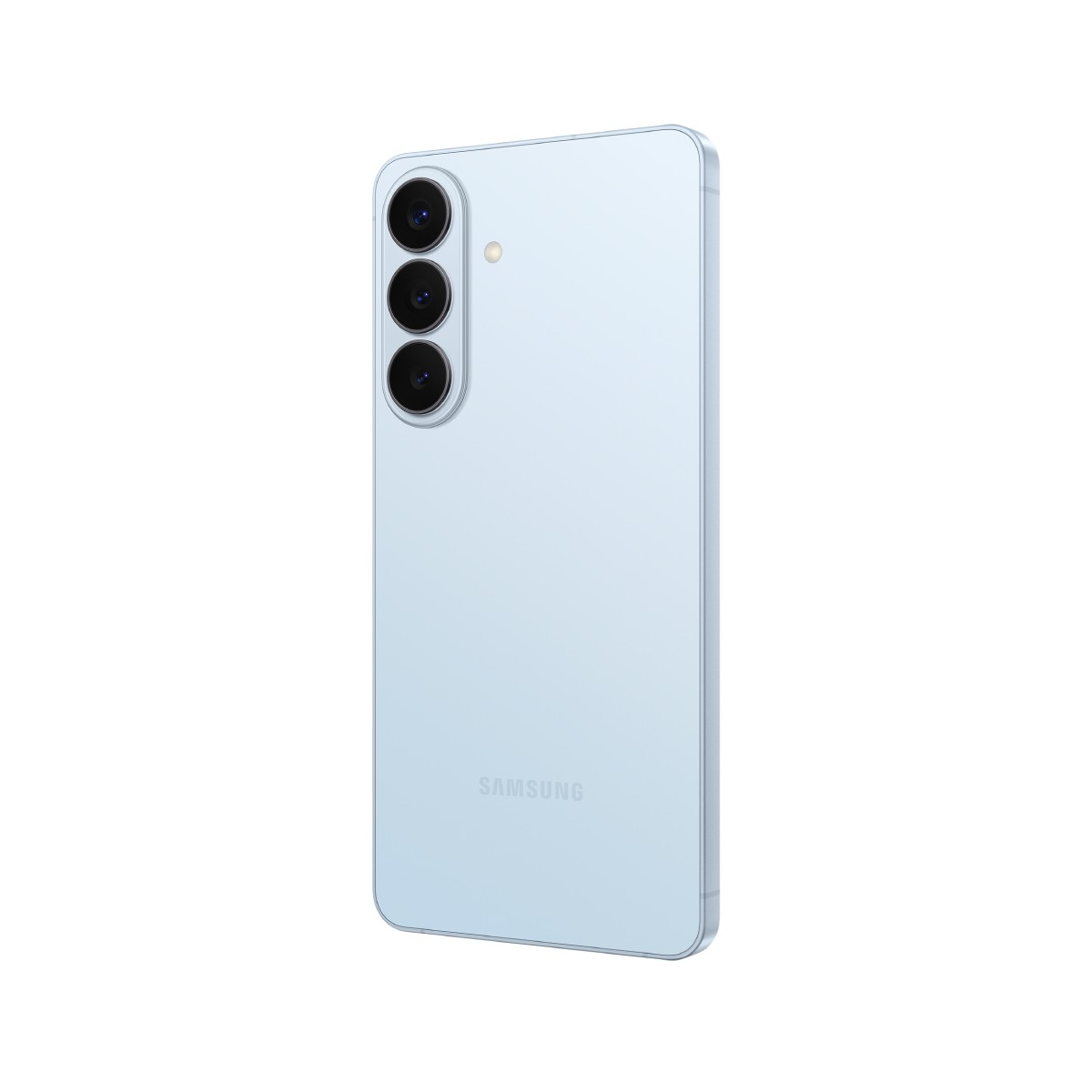 Jasnoniebieski smartfon z trzema obiektywami i lampą błyskową.