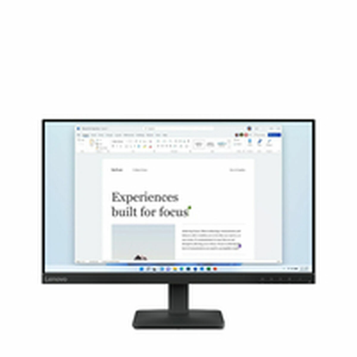 Monitor Lenovo che mostra un documento con testo 'Experiences built for focus'.