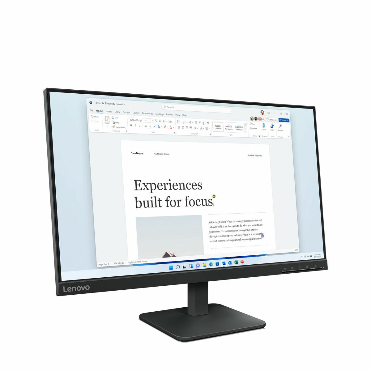 Un monitor Lenovo nero visualizza un documento Word intitolato “Experiences built for focus”.