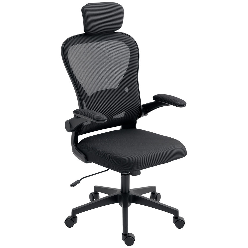 Una silla de oficina negra con respaldo de malla y reposacabezas.