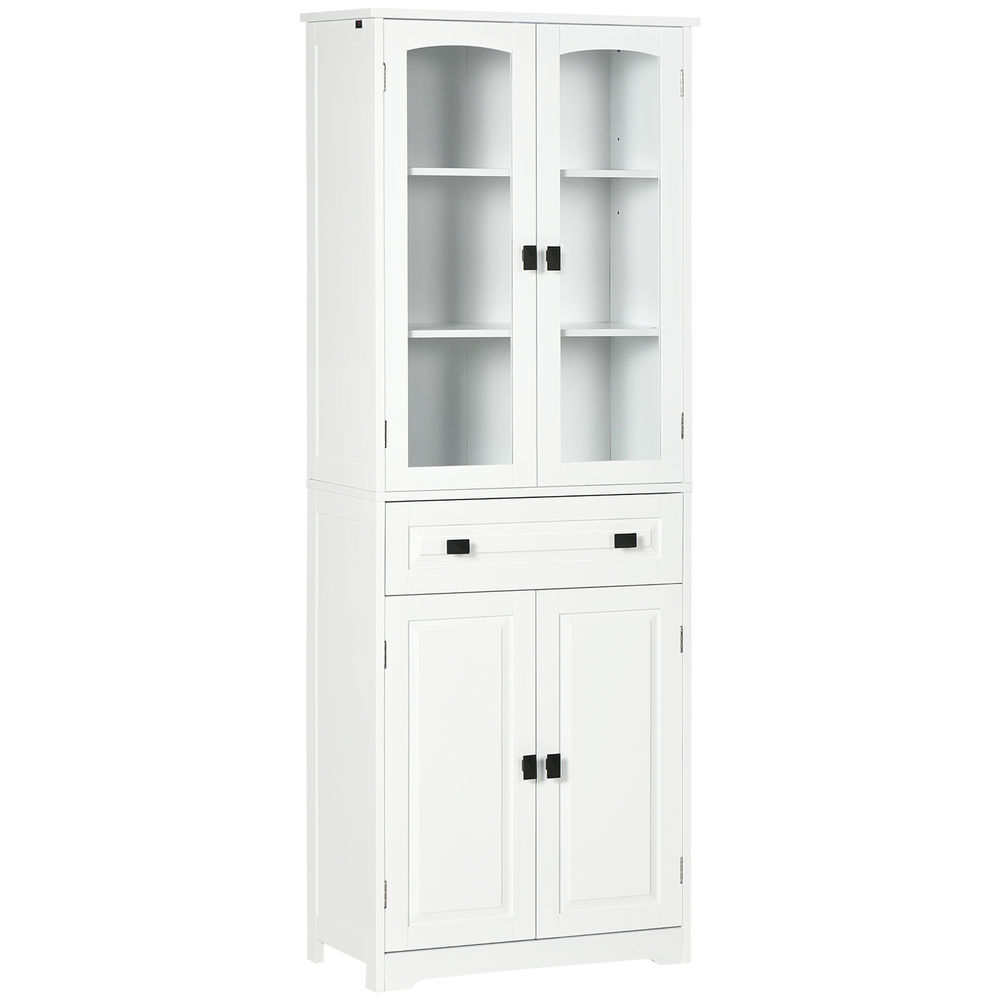 Un mueble alto y blanco con puertas de cristal arriba y puertas de madera abajo.