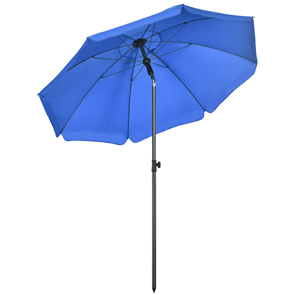 Un parasol azul con poste oscuro se alza sobre fondo blanco.