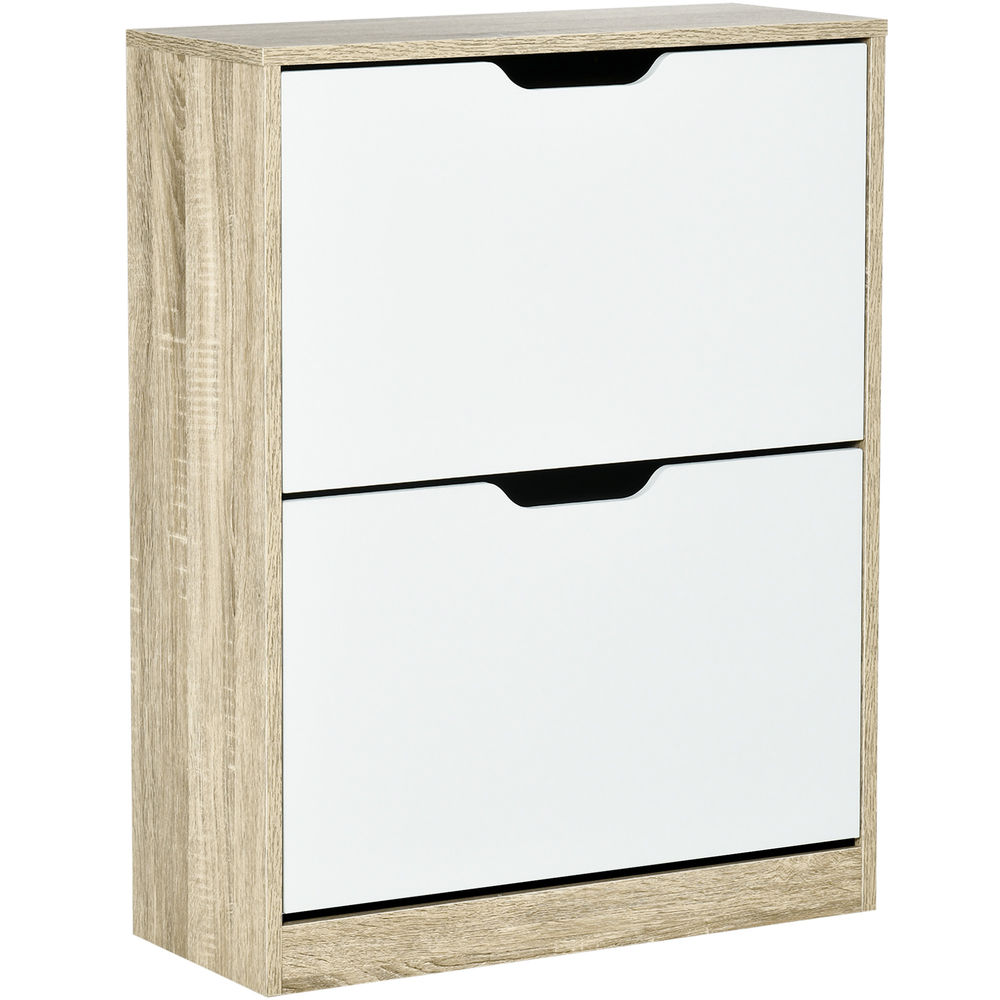 Un zapatero estrecho con dos puertas blancas y laterales de madera.