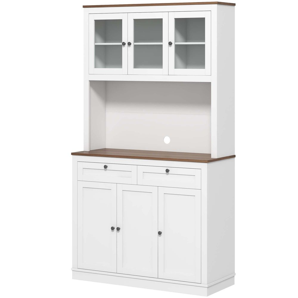 Un armario blanco con puertas de cristal arriba y detalles de madera.