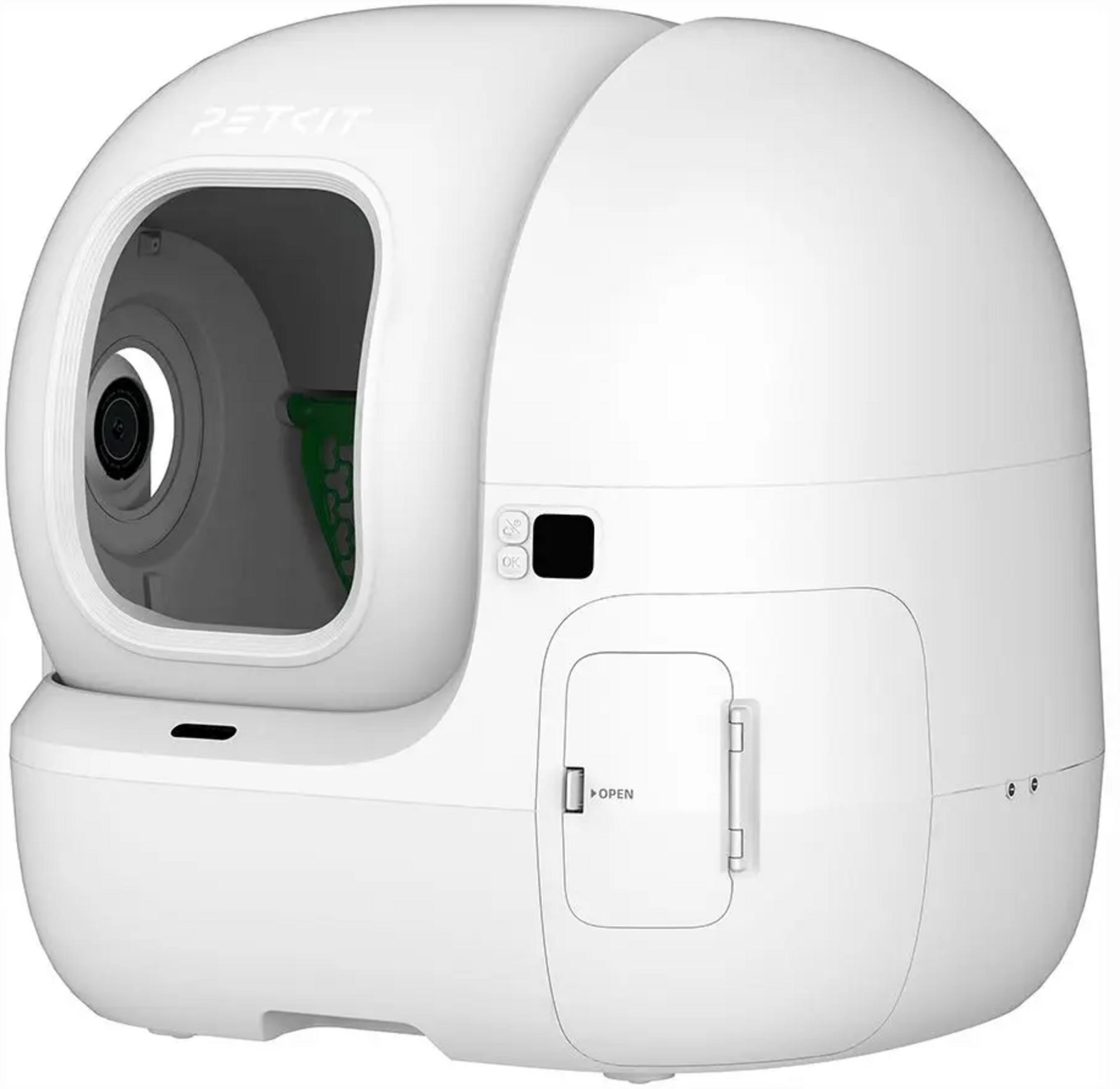 Una lettiera automatica bianca e futuristica con ingresso aperto e pulsanti di controllo.