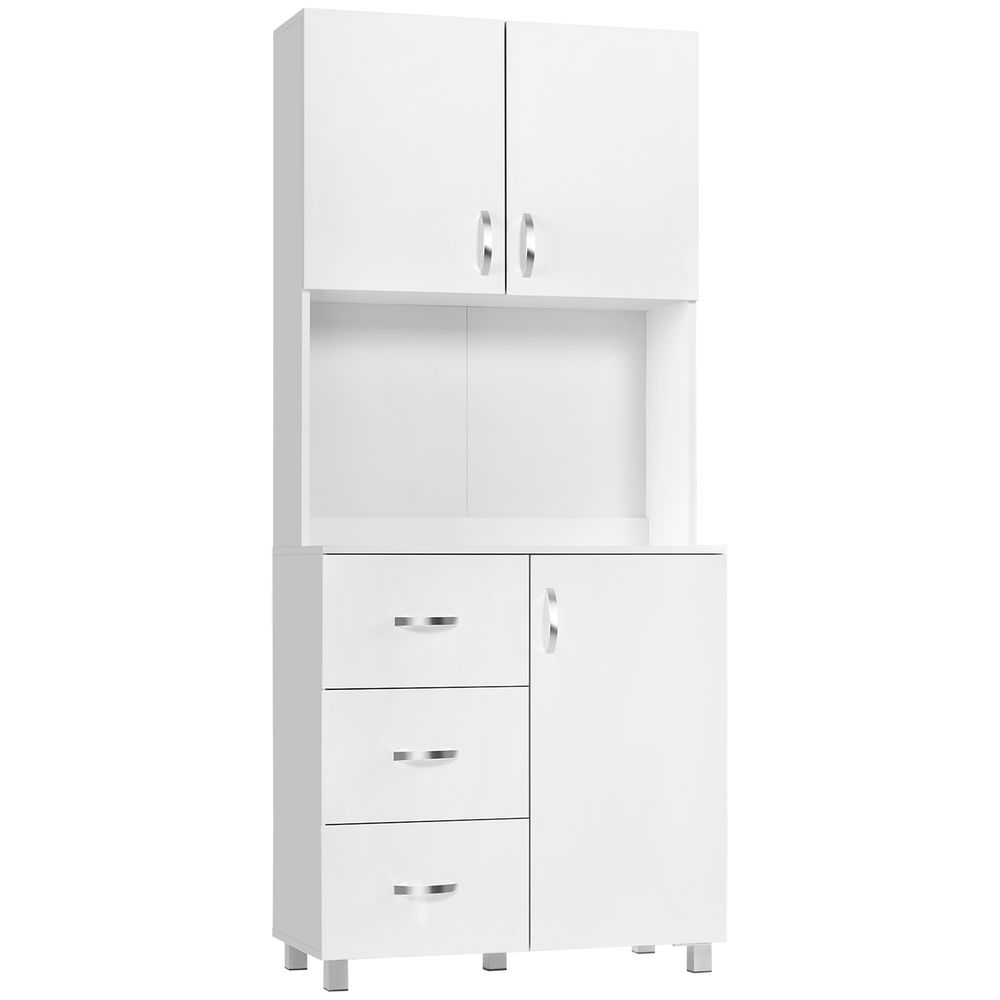 Un mueble de cocina blanco con estantes abiertos, tres cajones y una puerta.
