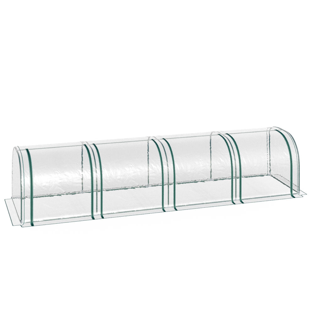 Un túnel transparente con soportes verdes, ideal para jardín.