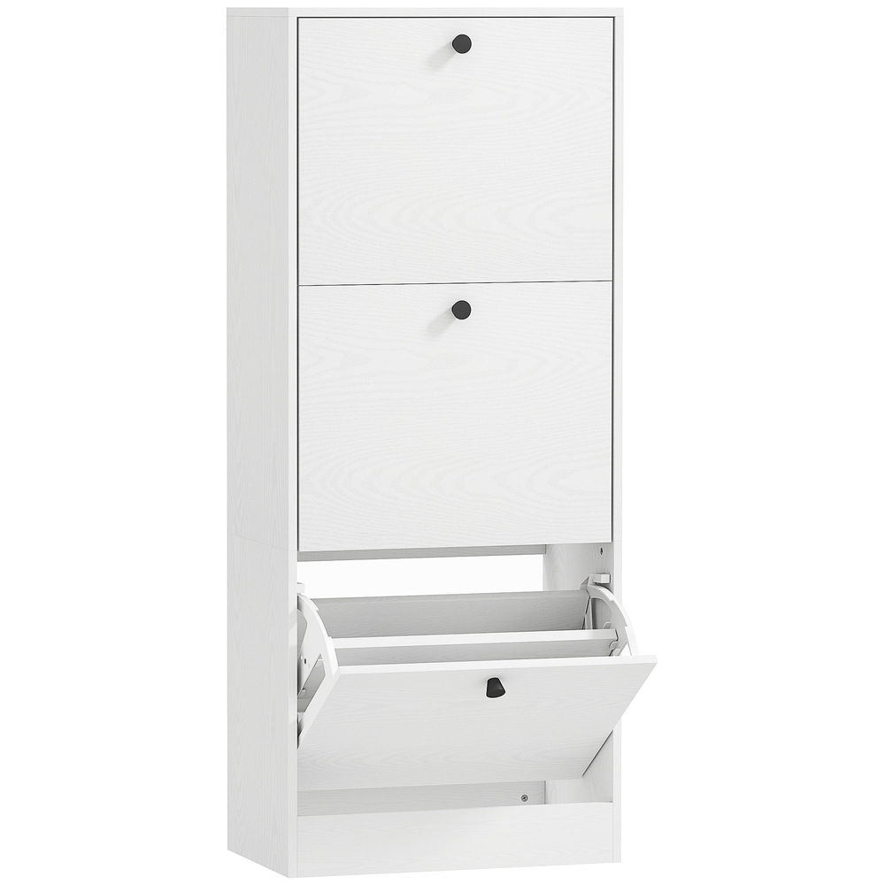 Un mueble zapatero blanco con dos cajones y una puerta abatible.