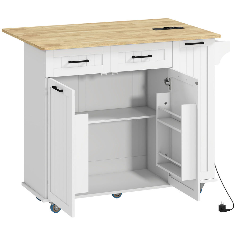 Isla de cocina blanca con tapa de madera, puertas y cajones abiertos, con ruedas.