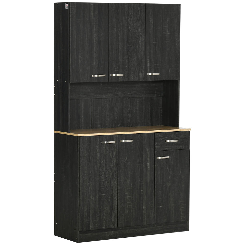 Mueble de madera oscura con varias puertas y cajones, encimera clara.