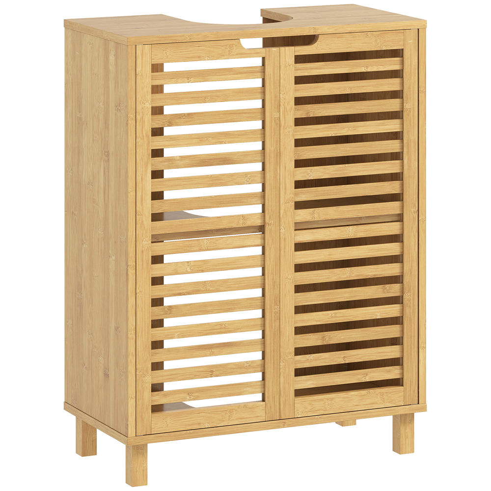 Un mueble estrecho de madera con puertas de listones y un recorte en la parte superior.