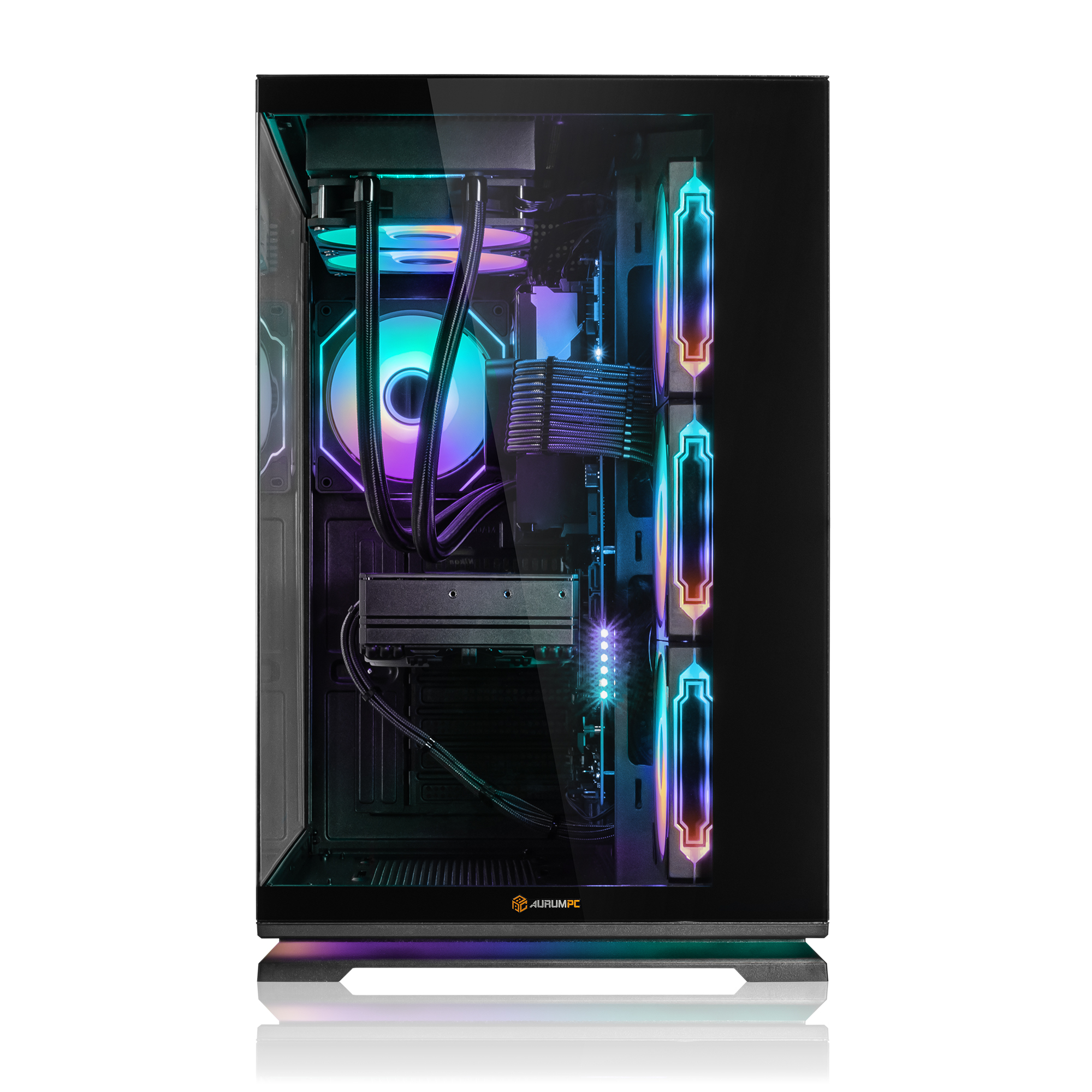 Ein offener PC-Tower mit RGB-Beleuchtung, Lüftern und Kabeln.