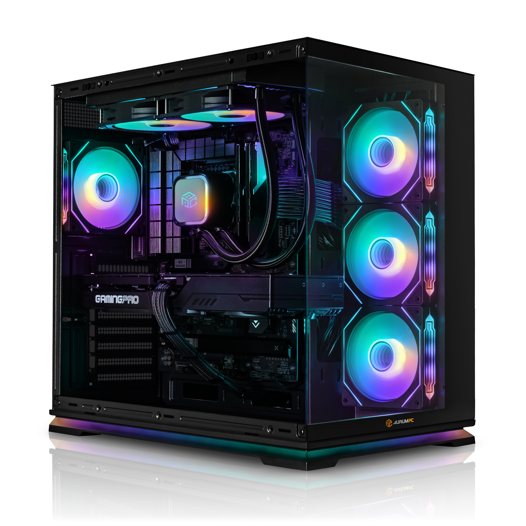 Ein schwarzer Computerturm mit RGB-Lüftern und Beleuchtung, der interne Komponenten zeigt.